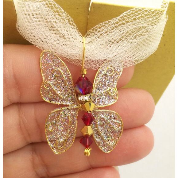 Artisan Whimsical Winged Butterfly Pendant Swarovski Red Gold Crystal Necklace - Picture 4 of 12